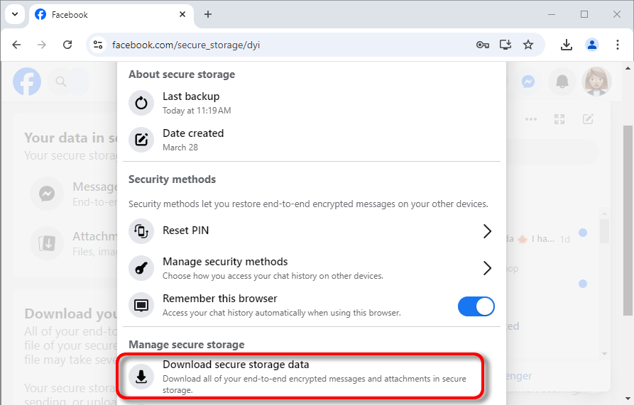 4. Cliquez sur <b>Télécharger les données de stockage sécurisé</b>.