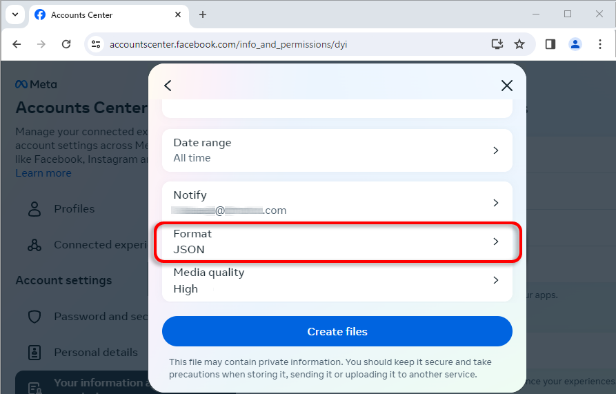 Changez le format en JSON et modifiez la plage de données et la qualité du média